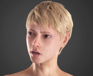 A still image from the facial animation communicating an intense facial expression with high-quality rendering and hyper-realistic facial features.
