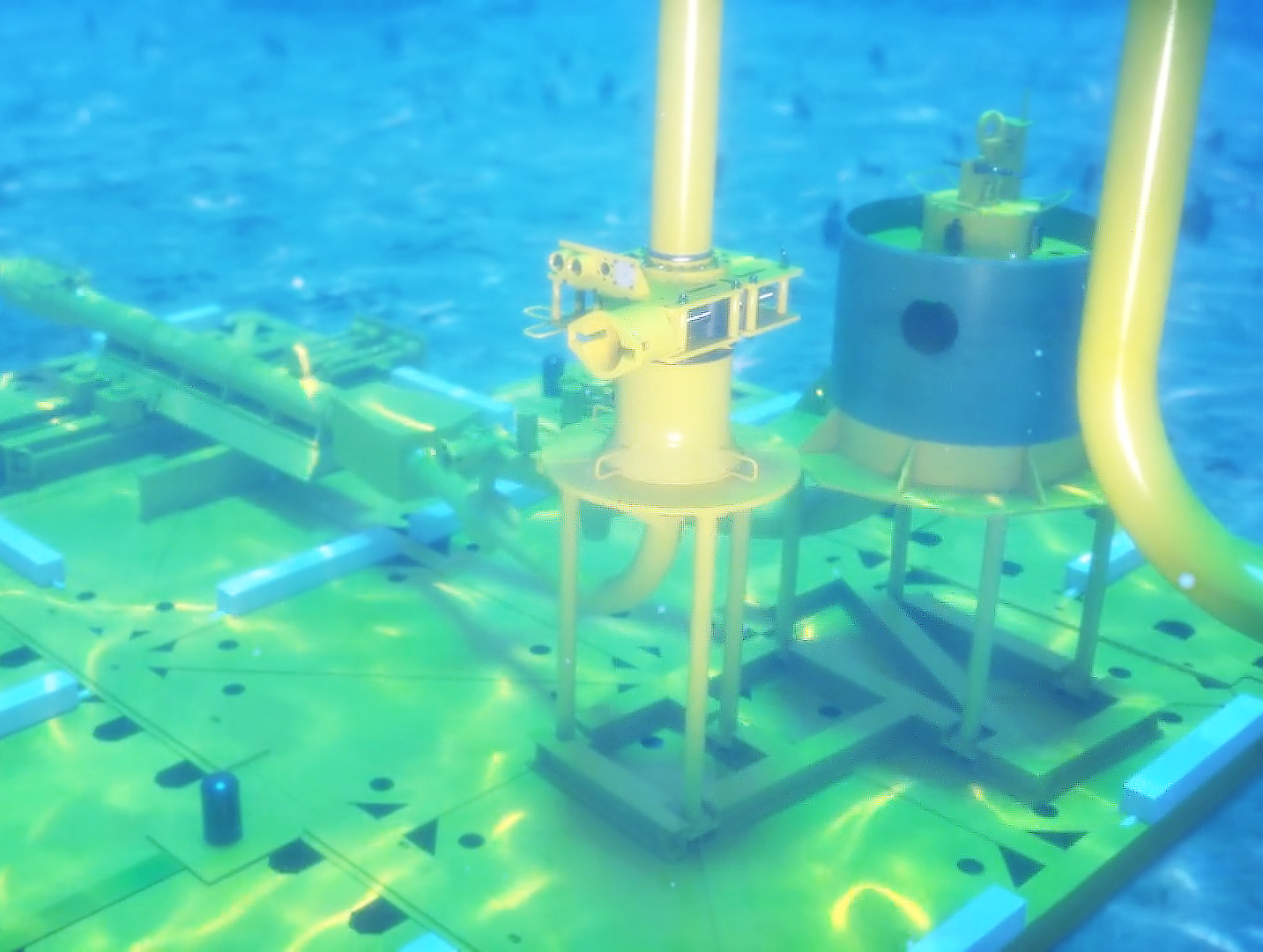 This is a 3D rendered image from Trinity's mechanical animation demonstrating the Oil States underwater pipeline system's multi-segmented clamp installation. This image displays the opening scene from Trinity's mechanical animation, displaying the PLEM and PLET devices already in place. 