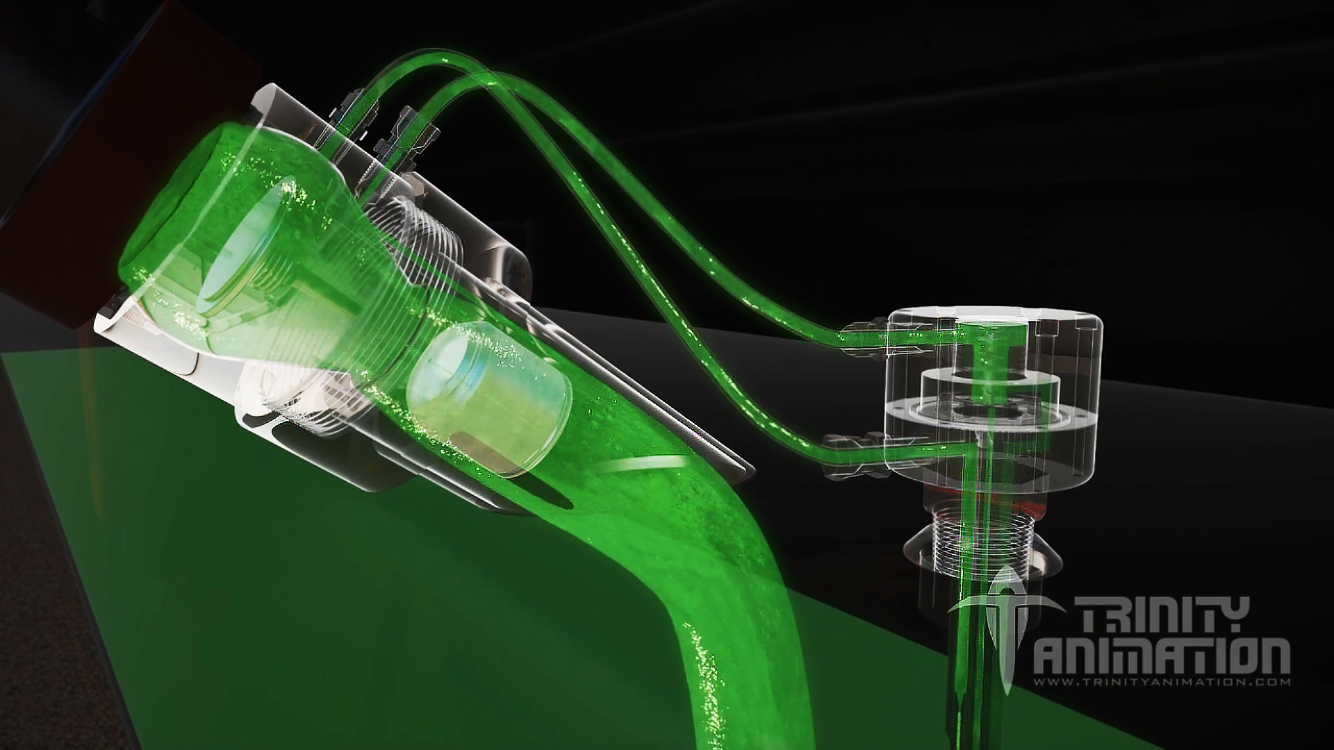 This is a 3D rendered image from Trinity's cad animation that explains how the StillX fuel system operates. This image display the receiver, the jet feed line, and the control valve. Once the jet feed line opens the control valve, fuel flows through the valve and into the tank which is being displayed in this image. The fuel is represented as a green liquid so it stands out against the other elements, and the parts that the fuel flows through are transparent so viewers can observe the interior and understand how it operates.