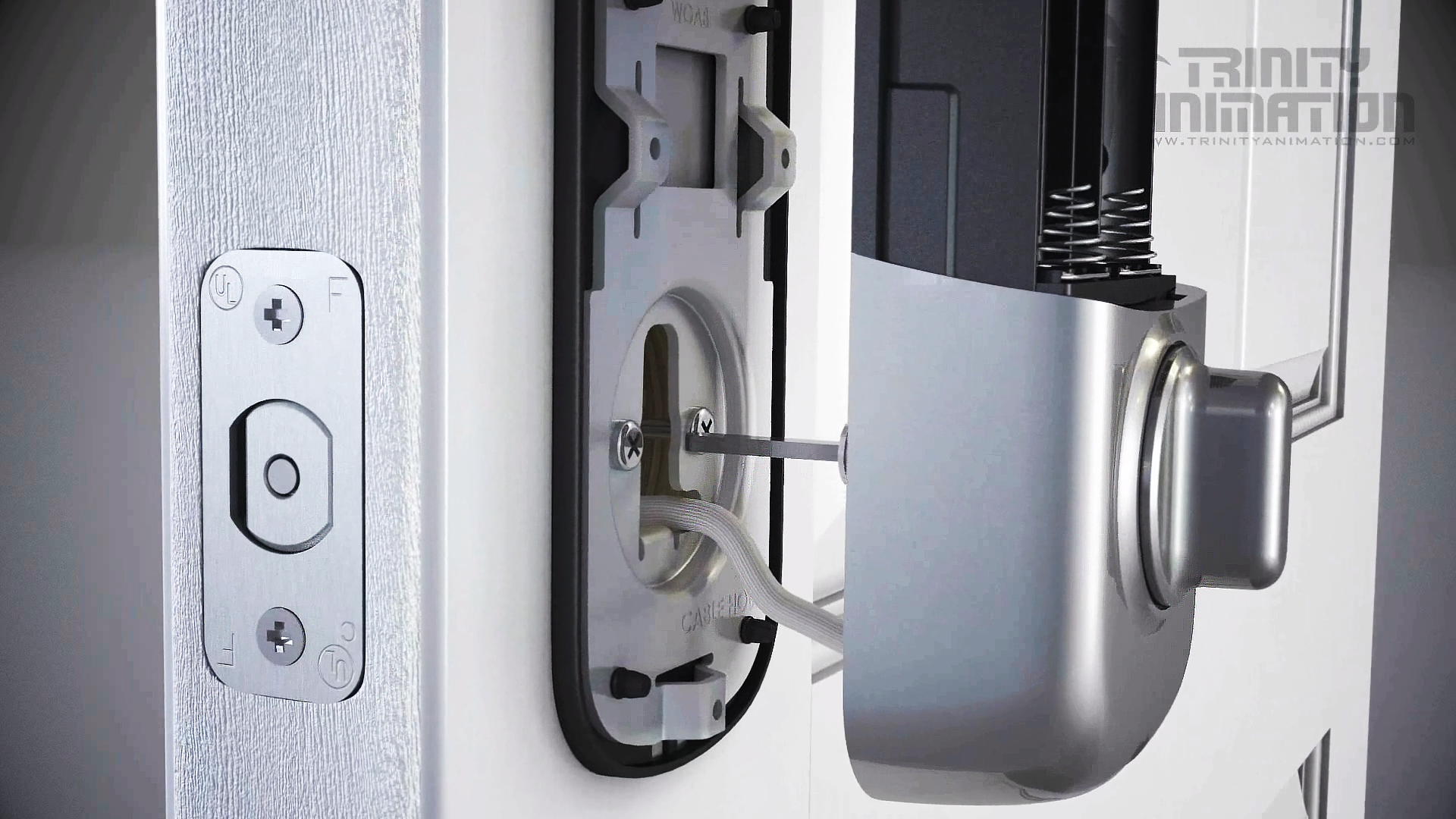 This is a 3D rendered shot from Trinity's 3D product visualization video demonstrating the installation process of the Yale Door Lock. This is a close-up shot demonstrating the insertion of the interior lock into the door latch- producing strategic camera angles that communicate the instructions in an easily understood way. Realistic textures are displayed of the different materials in this shot such as the wooden door, metal latch, and plastic and metal door lock parts, and more.