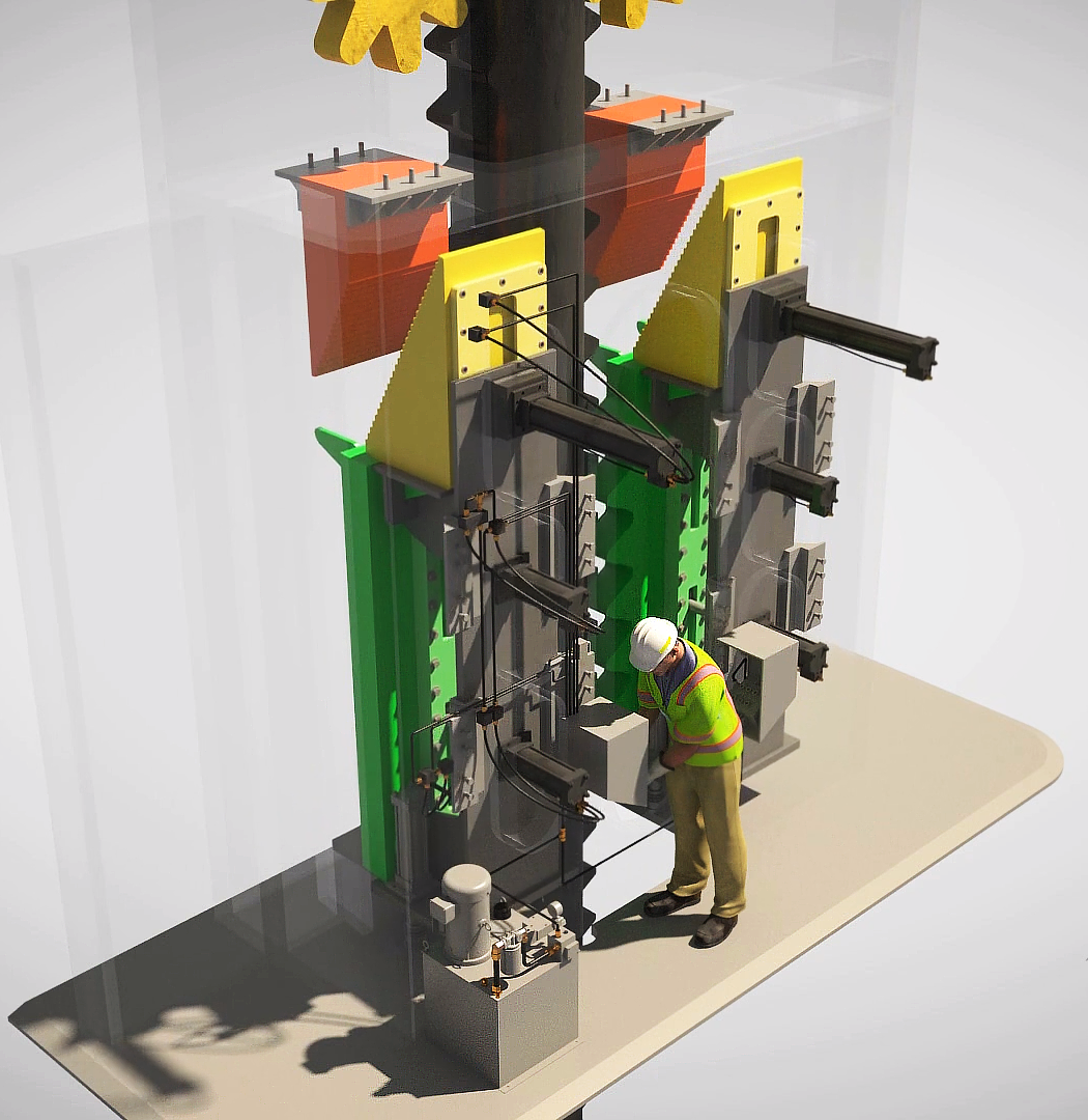 This is a 3D rendered image from Trinity's oil exploration animation - demonstrating how the Zentech Zenlock apparatus works. Trinity artists are able to omit exterior elements and reveal interior components so the viewers can observe and understand how the Zentech Zenlock apparatus operates like in this image. It displays the lifting table, Zenracks (green), wedges (yellow), and more; color coded to provide clarity to the complex process.