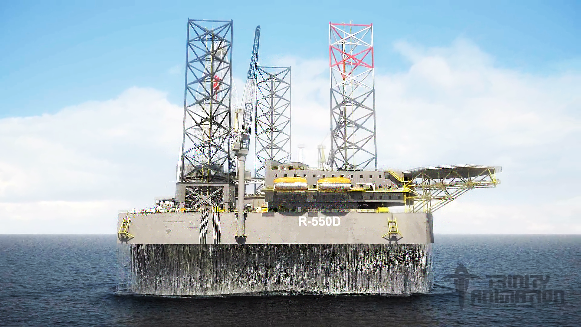 This is a 3D rendered image from Trinity's oil exploration animation - demonstrating how the Zentech Zenlock apparatus works. This image displays the Zentech Zenlock emerging from the water through the jackup system.