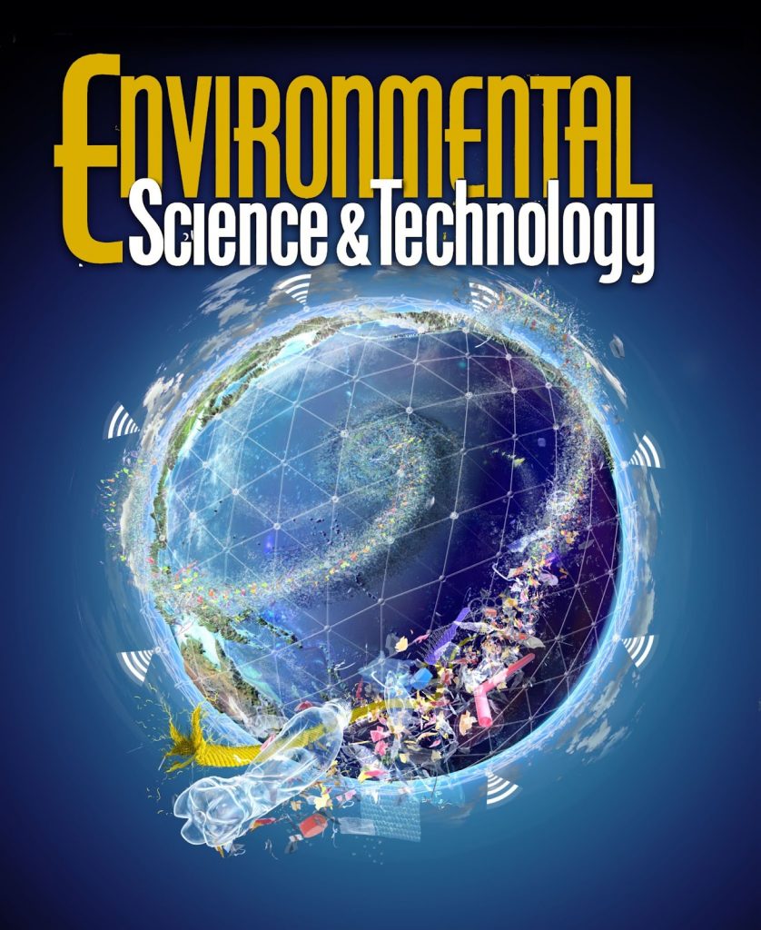 Environmental Science & Technology scientific journal cover - World plastic pollutino sensor network surrounding Earth editorial science cover art, by Nicolle R. Fuller SayoStudio.