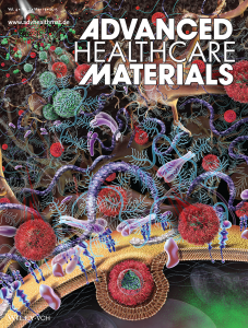 Brain neurology targeted drug deliver nanosphere scientific illustration for Healthcare Materials journal cover, by Nicolle R. Fuller, SayoStudio