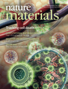 Nature Materials journal cover showing glowing nanosphere drug delivery in a lipid microsome, by Nicolle R Fuller, SayoStudio