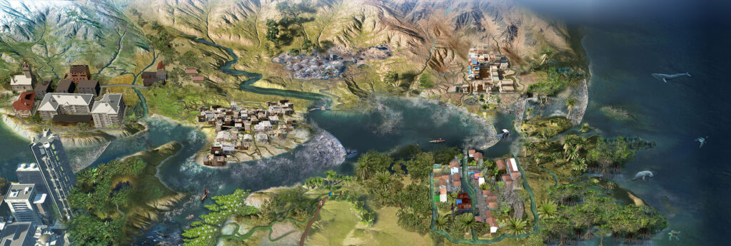 Interactive illustrated map demonstrating an integrated system for river plastic capture projects; features ecosystems, technical visualization of capture technologies, and global case study locations from Kenya, Thailand, and Mexico.